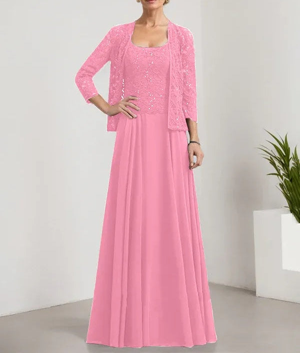 A-line Square Floor-Length Lace Chiffon Mother of the Bride Dress With Sequins
