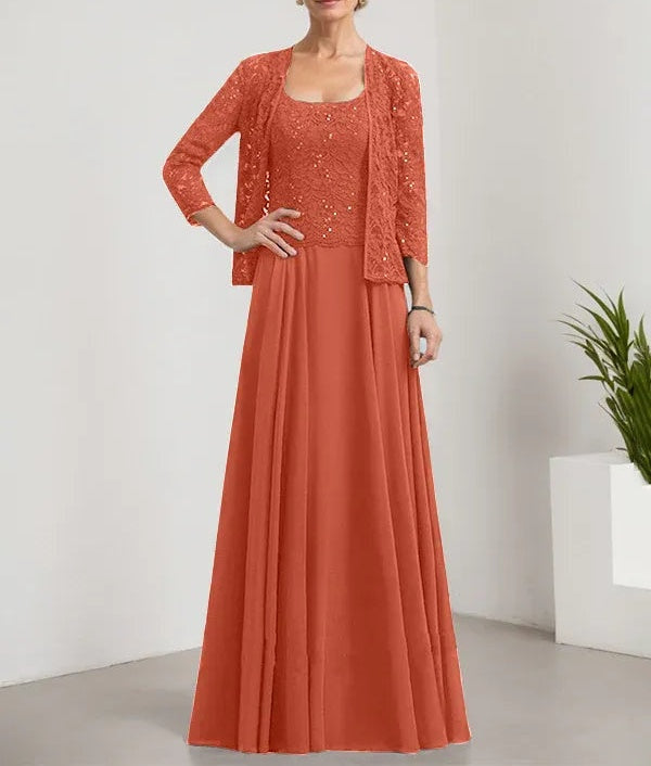 A-line Square Floor-Length Lace Chiffon Mother of the Bride Dress With Sequins