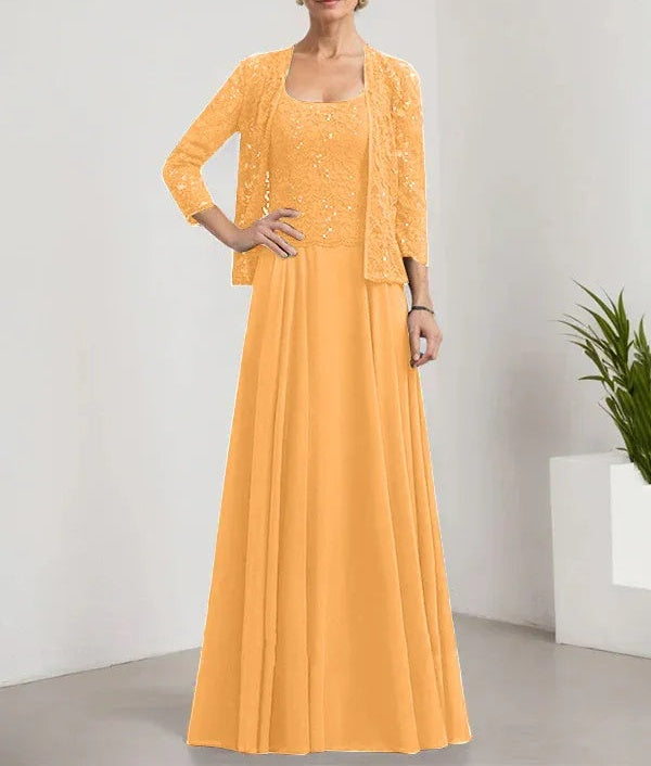 A-line Square Floor-Length Lace Chiffon Mother of the Bride Dress With Sequins