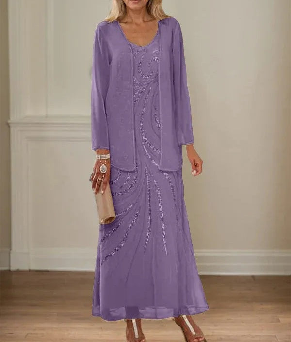 Sheath/Column V-Neck Ankle-Length Mother of the Bride Dresses with Jacket & Sequins