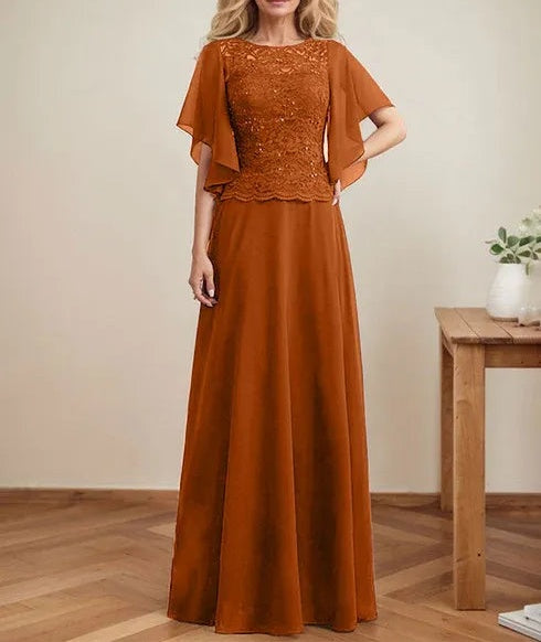 A-line Scoop Illusion Floor-Length Lace Chiffon Mother of the Bride Dress With Sequins
