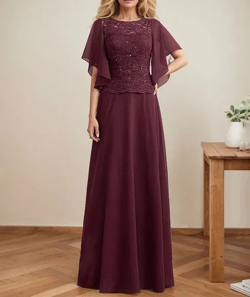 A-line Scoop Illusion Floor-Length Lace Chiffon Mother of the Bride Dress With Sequins