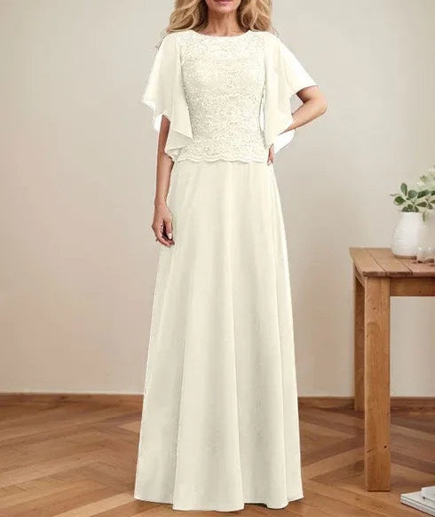 A-line Scoop Illusion Floor-Length Lace Chiffon Mother of the Bride Dress With Sequins