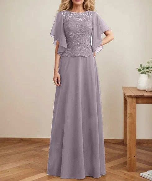 A-line Scoop Illusion Floor-Length Lace Chiffon Mother of the Bride Dress With Sequins