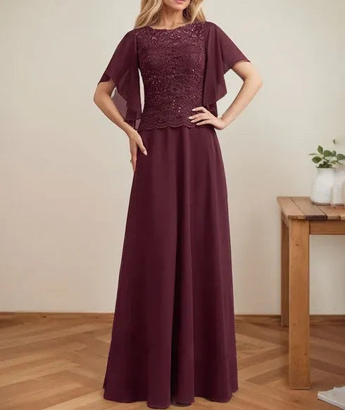 A-line Scoop Illusion Floor-Length Lace Chiffon Mother of the Bride Dress With Sequins