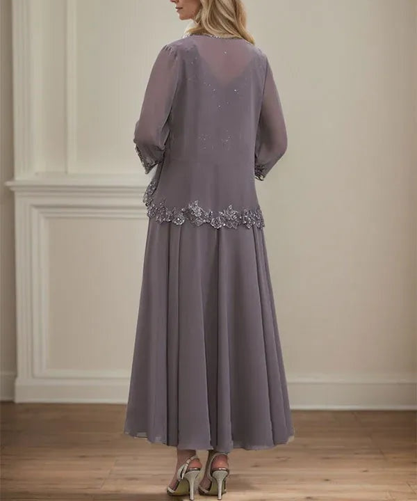 A-line V-Neck Ankle-Length Chiffon Mother of the Bride Dress With Sequins Appliques Lace Beading