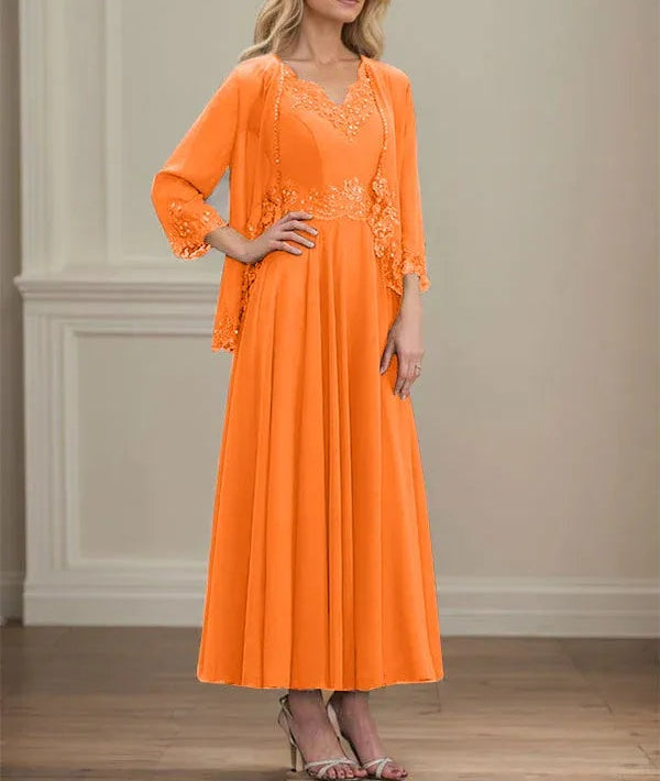A-line V-Neck Ankle-Length Chiffon Mother of the Bride Dress With Sequins Appliques Lace Beading
