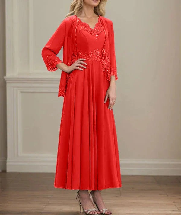 A-line V-Neck Ankle-Length Chiffon Mother of the Bride Dress With Sequins Appliques Lace Beading