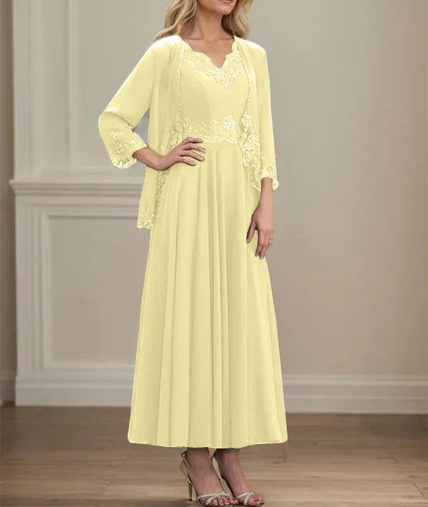 A-line V-Neck Ankle-Length Chiffon Mother of the Bride Dress With Sequins Appliques Lace Beading