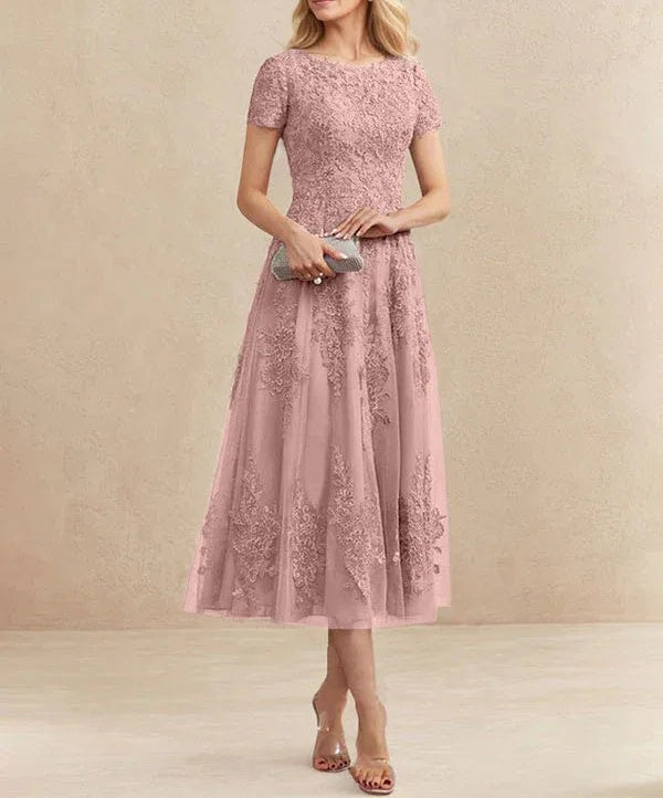 A-line Scoop Tea-Length Tulle Lace Mother of the Bride Dress