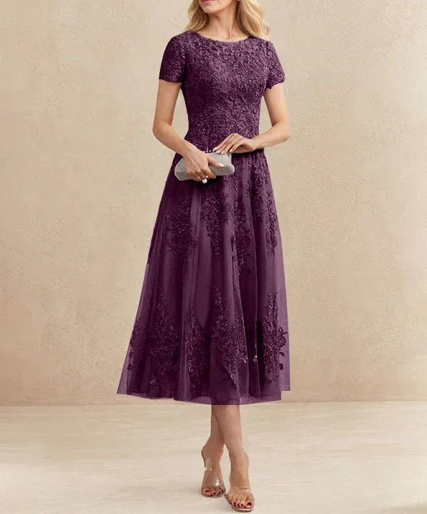 A-line Scoop Tea-Length Tulle Lace Mother of the Bride Dress