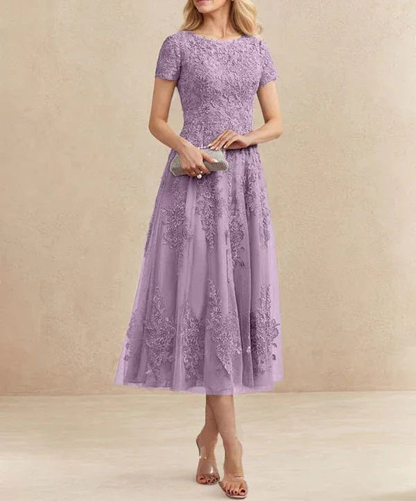 A-line Scoop Tea-Length Tulle Lace Mother of the Bride Dress