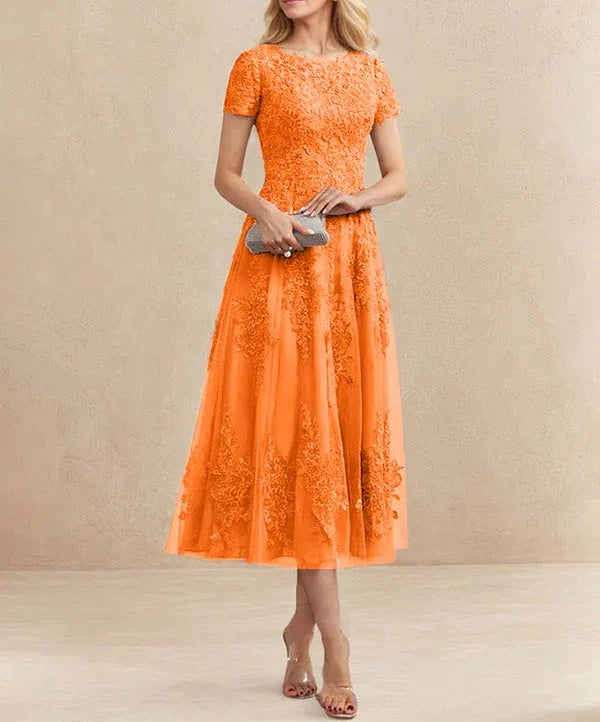 A-line Scoop Tea-Length Tulle Lace Mother of the Bride Dress