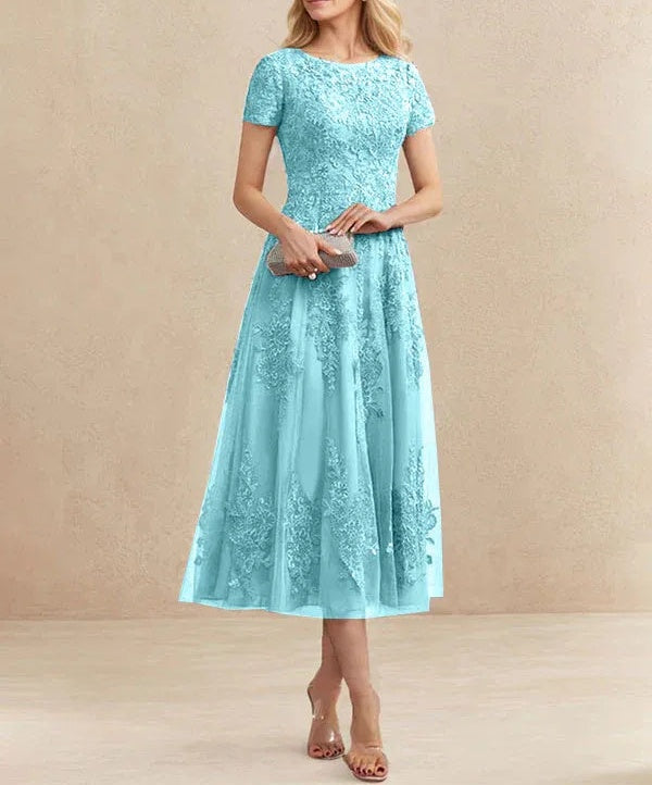A-line Scoop Tea-Length Tulle Lace Mother of the Bride Dress