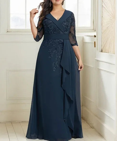 A-line Collared V-Neck Floor-Length Lace Chiffon Mother of the Bride Dress With Sequins Cascading Ruffles