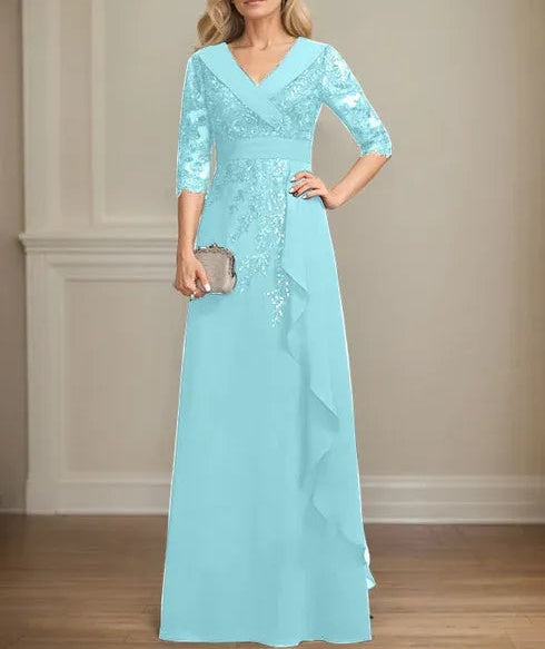 A-line Collared V-Neck Floor-Length Lace Chiffon Mother of the Bride Dress With Sequins Cascading Ruffles