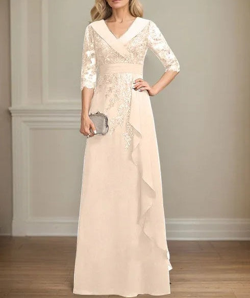 A-line Collared V-Neck Floor-Length Lace Chiffon Mother of the Bride Dress With Sequins Cascading Ruffles