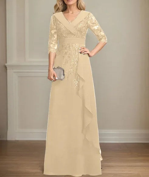 A-line Collared V-Neck Floor-Length Lace Chiffon Mother of the Bride Dress With Sequins Cascading Ruffles