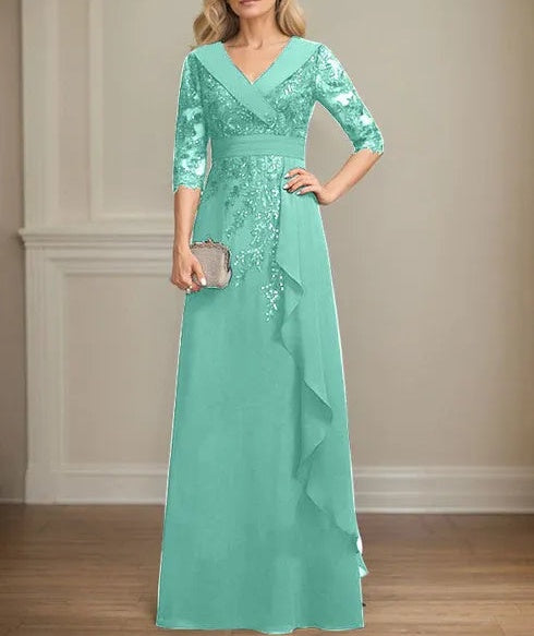A-line Collared V-Neck Floor-Length Lace Chiffon Mother of the Bride Dress With Sequins Cascading Ruffles