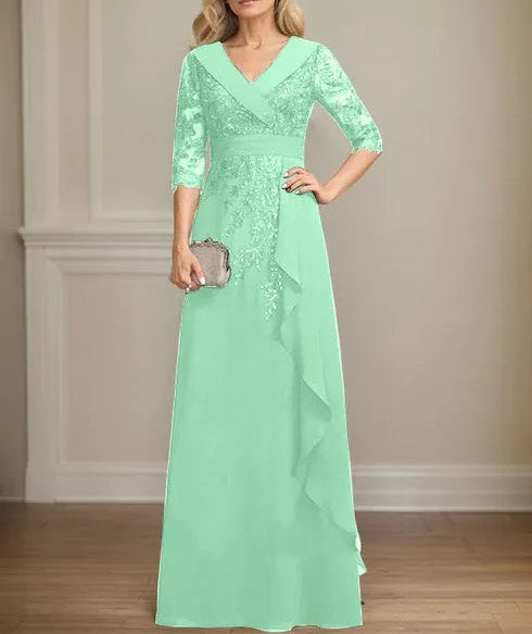 A-line Collared V-Neck Floor-Length Lace Chiffon Mother of the Bride Dress With Sequins Cascading Ruffles