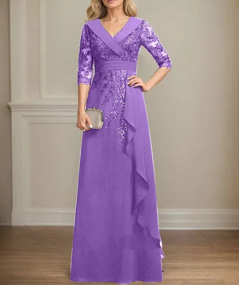 A-line Collared V-Neck Floor-Length Lace Chiffon Mother of the Bride Dress With Sequins Cascading Ruffles