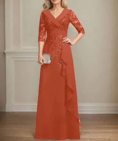A-line Collared V-Neck Floor-Length Lace Chiffon Mother of the Bride Dress With Sequins Cascading Ruffles