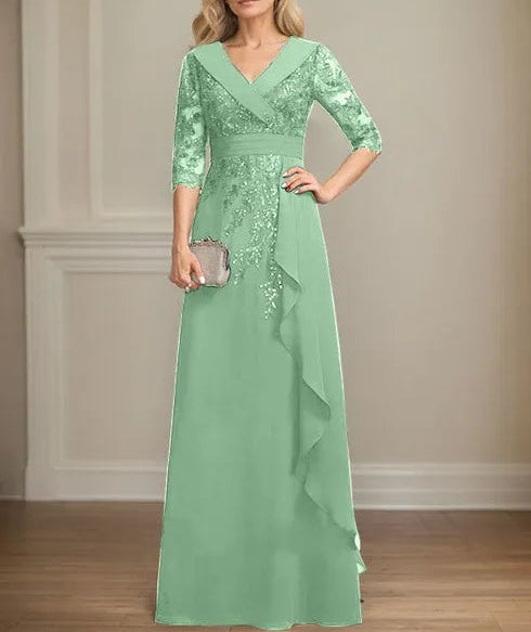 A-line Collared V-Neck Floor-Length Lace Chiffon Mother of the Bride Dress With Sequins Cascading Ruffles