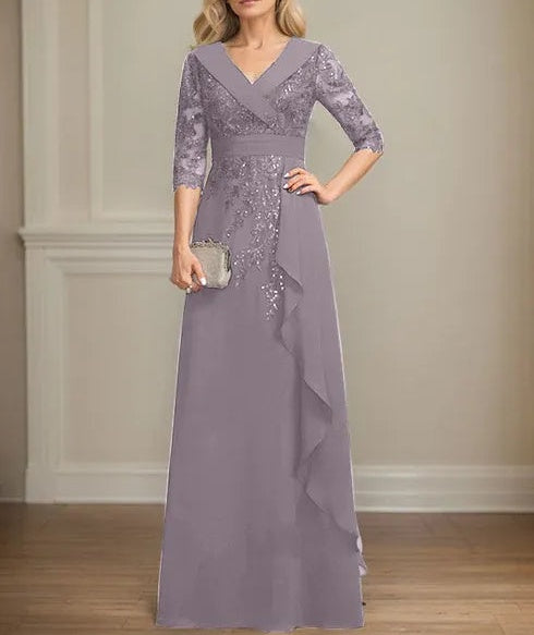 A-line Collared V-Neck Floor-Length Lace Chiffon Mother of the Bride Dress With Sequins Cascading Ruffles