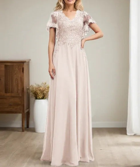 A-line V-Neck Floor-Length Lace Chiffon Mother of the Bride Dress With Sequins
