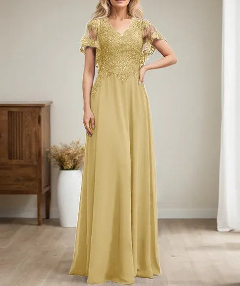 A-line V-Neck Floor-Length Lace Chiffon Mother of the Bride Dress With Sequins