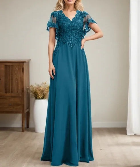 A-line V-Neck Floor-Length Lace Chiffon Mother of the Bride Dress With Sequins