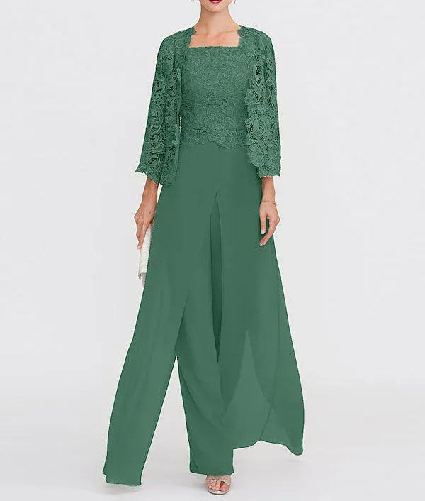 3 Piece Chiffon Square Neck Mother of the Bride Pantsuits with Jacket