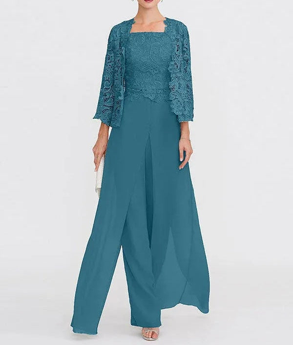 3 Piece Chiffon Square Neck Mother of the Bride Pantsuits with Jacket