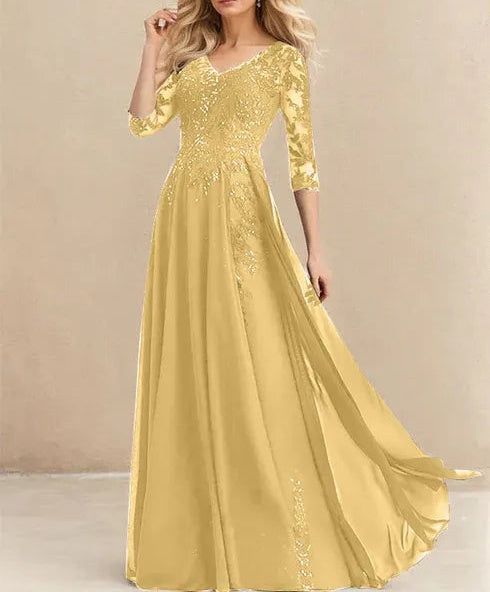 A-line V-Neck Floor-Length Lace Chiffon Mother of the Bride Dress With Sequins