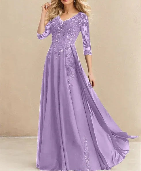 A-line V-Neck Floor-Length Lace Chiffon Mother of the Bride Dress With Sequins