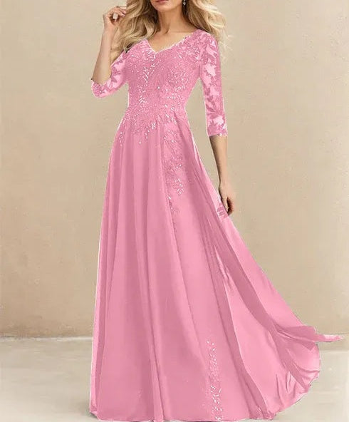 A-line V-Neck Floor-Length Lace Chiffon Mother of the Bride Dress With Sequins