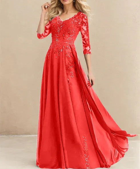 A-line V-Neck Floor-Length Lace Chiffon Mother of the Bride Dress With Sequins