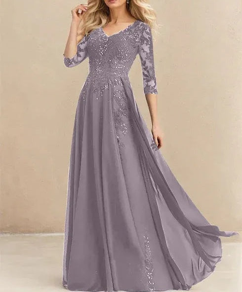 A-line V-Neck Floor-Length Lace Chiffon Mother of the Bride Dress With Sequins