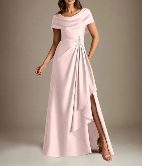 A-Line Scoop Floor-Length Stretch Satin Mother of the Bride Dress With Cascading Ruffles
