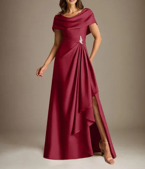 A-Line Scoop Floor-Length Stretch Satin Mother of the Bride Dress With Cascading Ruffles