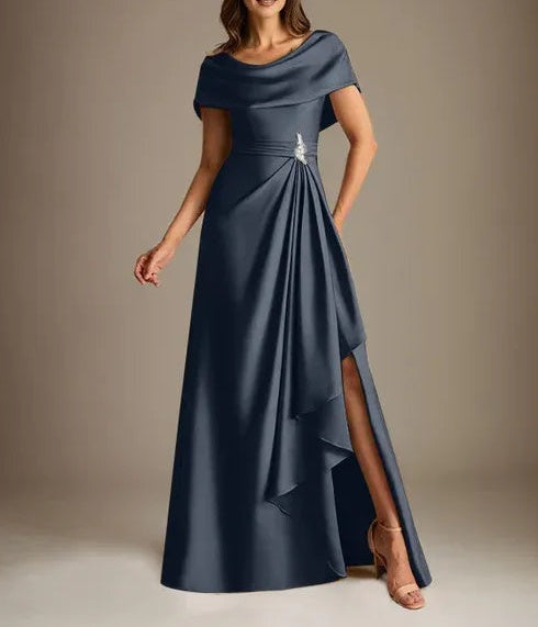A-Line Scoop Floor-Length Stretch Satin Mother of the Bride Dress With Cascading Ruffles