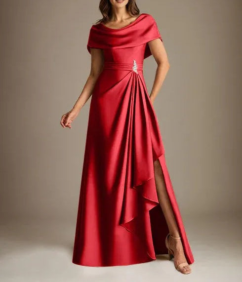 A-Line Scoop Floor-Length Stretch Satin Mother of the Bride Dress With Cascading Ruffles