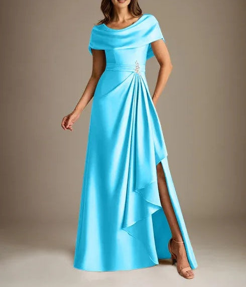 A-Line Scoop Floor-Length Stretch Satin Mother of the Bride Dress With Cascading Ruffles