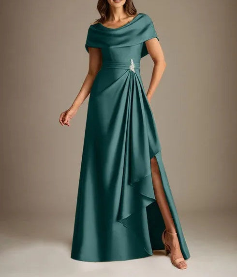 A-Line Scoop Floor-Length Stretch Satin Mother of the Bride Dress With Cascading Ruffles
