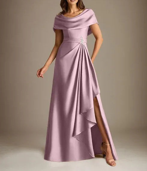 A-Line Scoop Floor-Length Stretch Satin Mother of the Bride Dress With Cascading Ruffles