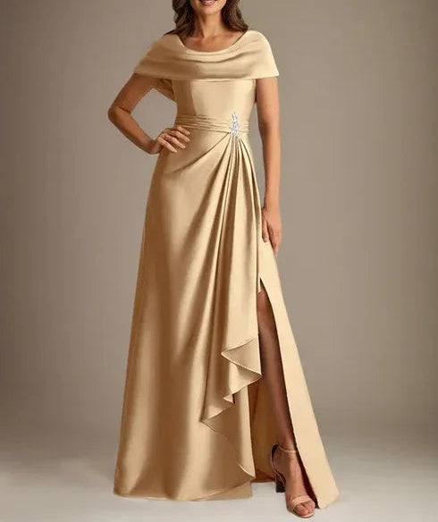 A-Line Scoop Floor-Length Stretch Satin Mother of the Bride Dress With Cascading Ruffles