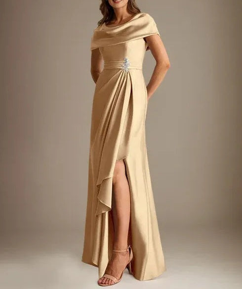 A-Line Scoop Floor-Length Stretch Satin Mother of the Bride Dress With Cascading Ruffles