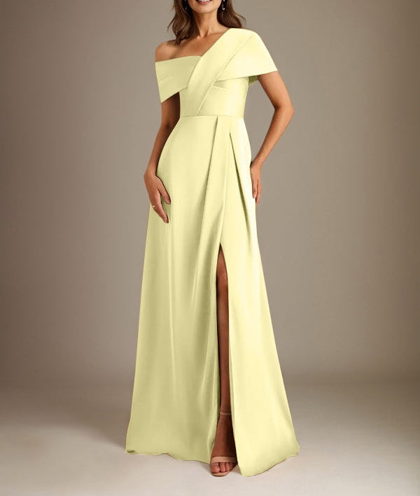 A-Line Asymmetrical Neckline Floor-Length Satin Mother of the Bride Dress With Pleated