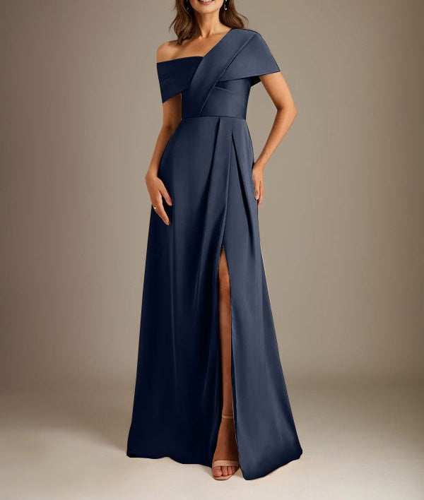 A-Line Asymmetrical Neckline Floor-Length Satin Mother of the Bride Dress With Pleated