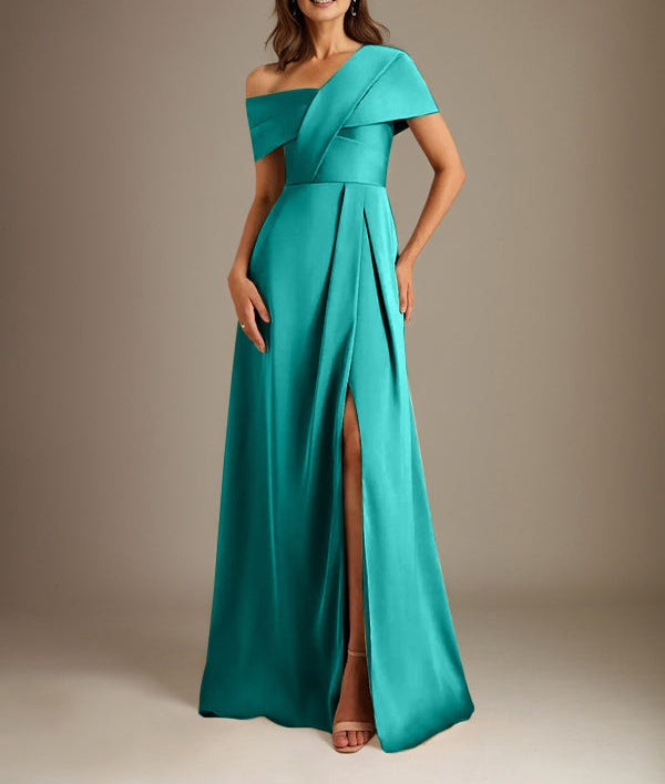 A-Line Asymmetrical Neckline Floor-Length Satin Mother of the Bride Dress With Pleated